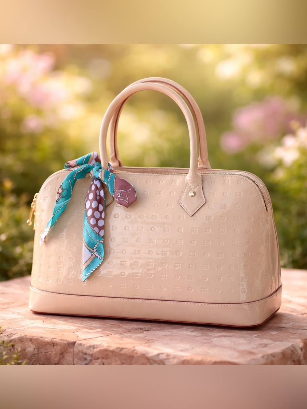 Arcadia Beige Patent Leather Dome Satchel Handbag with Scarf Accent